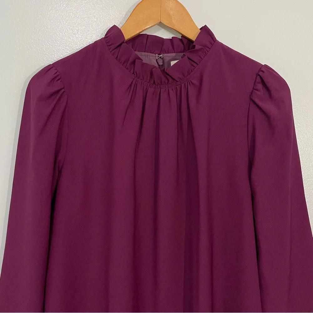 J. Crew Long Sleeve Burgundy Purple Ruffle Neck Shift Dress 4